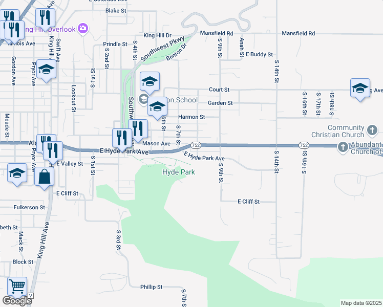 map of restaurants, bars, coffee shops, grocery stores, and more near 713 East Hyde Park Avenue in Saint Joseph