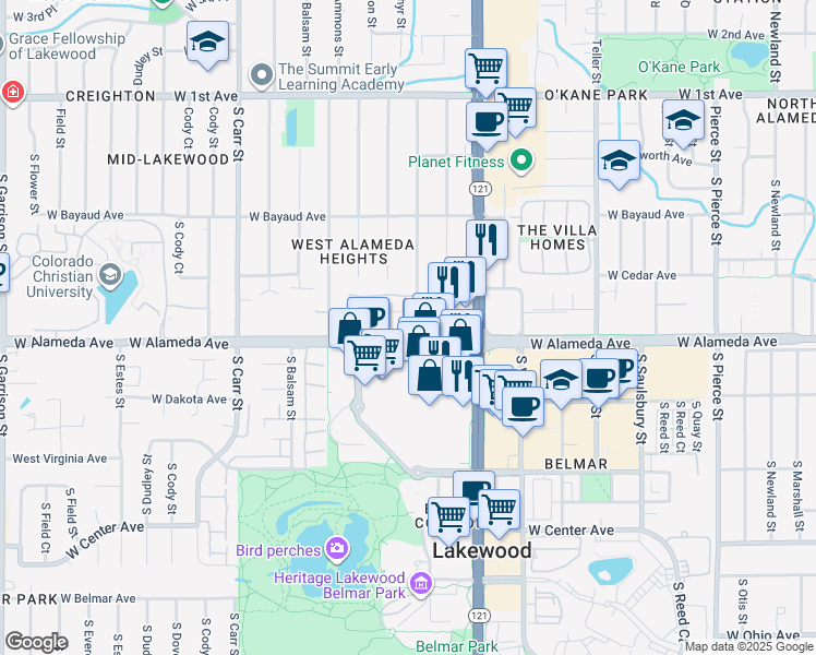 map of restaurants, bars, coffee shops, grocery stores, and more near 7825 West Alameda Avenue in Lakewood