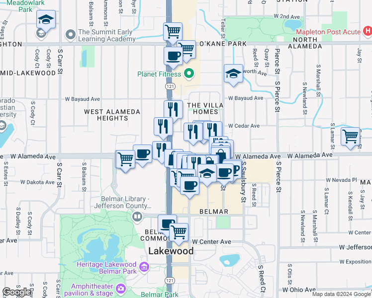map of restaurants, bars, coffee shops, grocery stores, and more near 7425 West Alameda Avenue in Lakewood