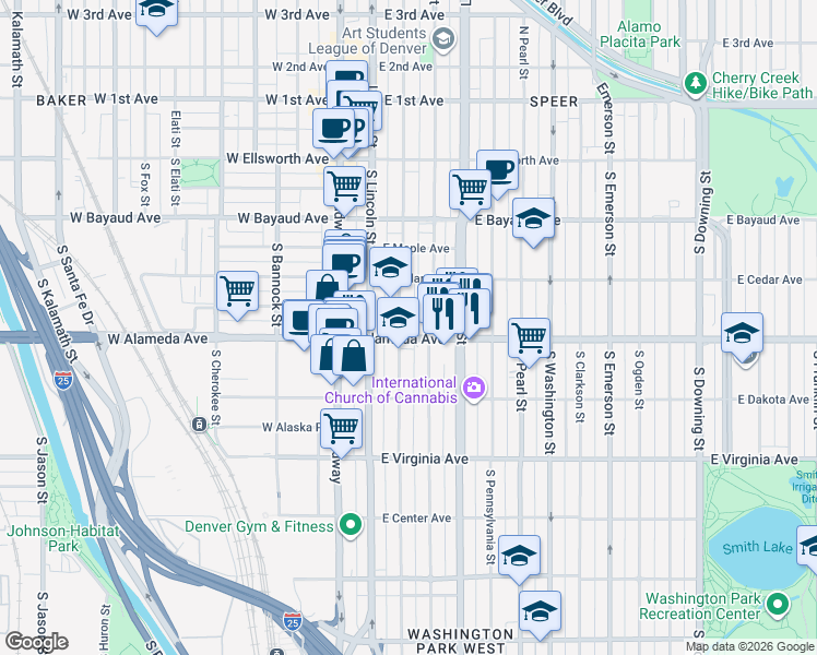 map of restaurants, bars, coffee shops, grocery stores, and more near 300 South Sherman Street in Denver