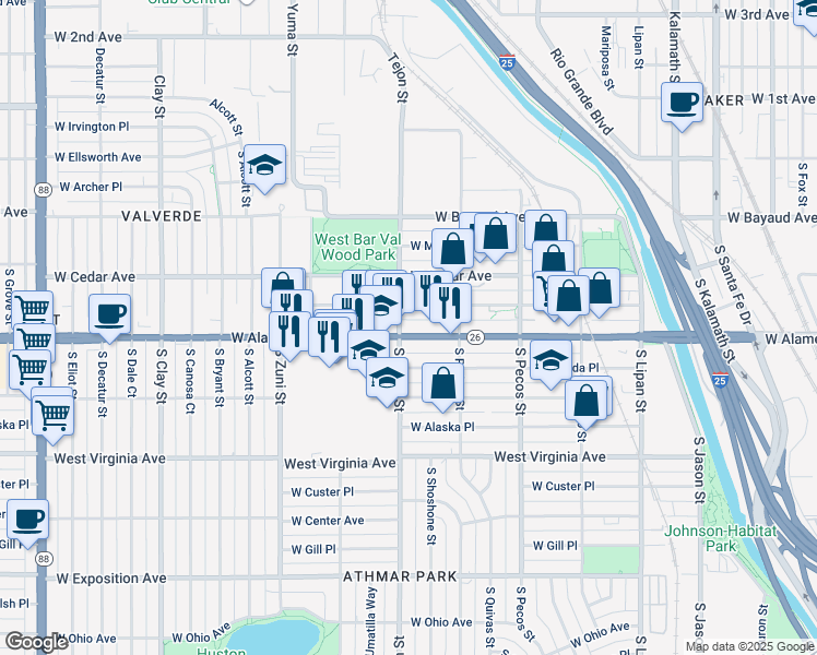 map of restaurants, bars, coffee shops, grocery stores, and more near 1590 West Alameda Avenue in Denver