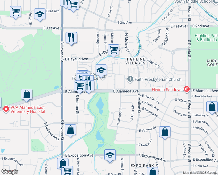 map of restaurants, bars, coffee shops, grocery stores, and more near 11105 East Alameda Avenue in Aurora
