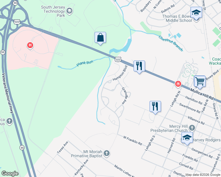 map of restaurants, bars, coffee shops, grocery stores, and more near 111 Stoneham Drive in Glassboro