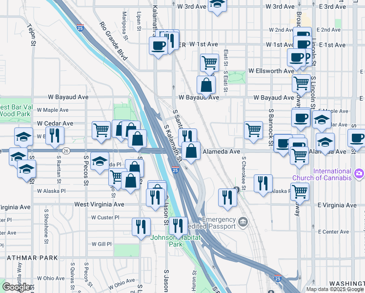 map of restaurants, bars, coffee shops, grocery stores, and more near 300 South Kalamath Street in Denver