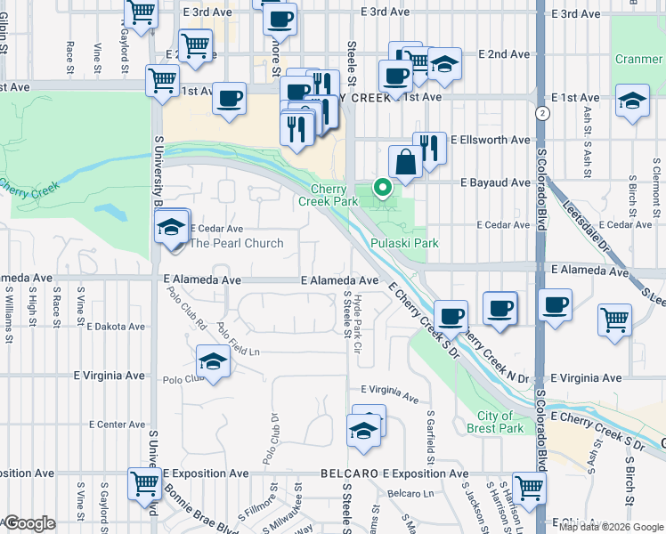 map of restaurants, bars, coffee shops, grocery stores, and more near 3131 East Alameda Avenue in Denver