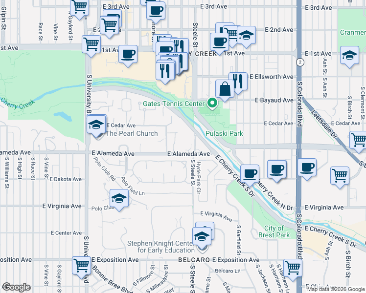 map of restaurants, bars, coffee shops, grocery stores, and more near 3131 East Alameda Avenue in Denver