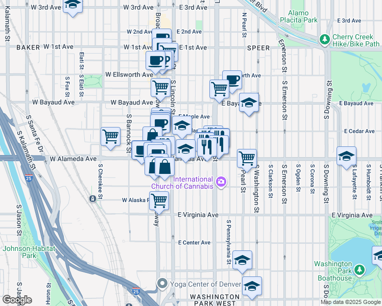 map of restaurants, bars, coffee shops, grocery stores, and more near 300 South Sherman Street in Denver