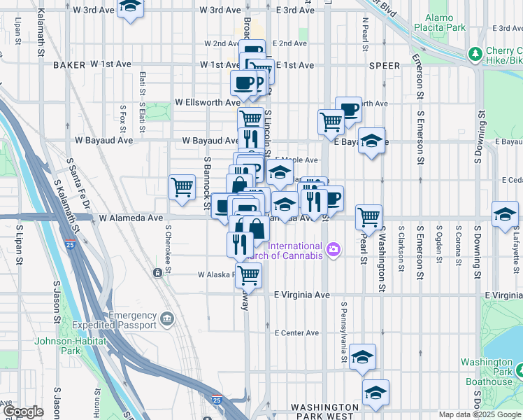 map of restaurants, bars, coffee shops, grocery stores, and more near 63 East Alameda Avenue in Denver