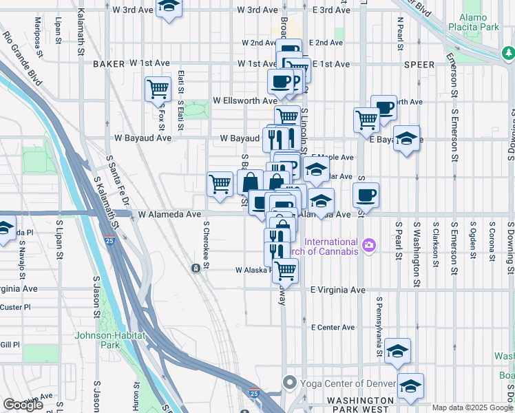 map of restaurants, bars, coffee shops, grocery stores, and more near 63 West Alameda Avenue in Denver