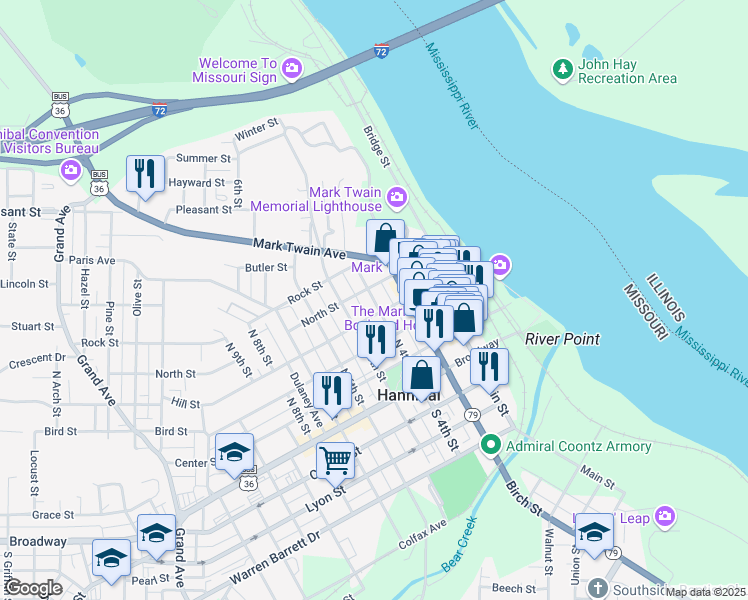 map of restaurants, bars, coffee shops, grocery stores, and more near 416 Hill Street in Hannibal