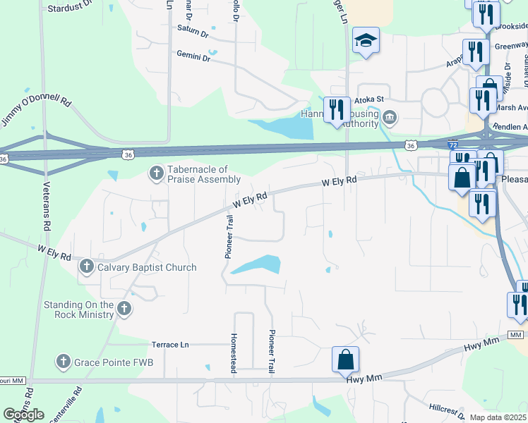 map of restaurants, bars, coffee shops, grocery stores, and more near 34-40 Cherokee Trail in Hannibal