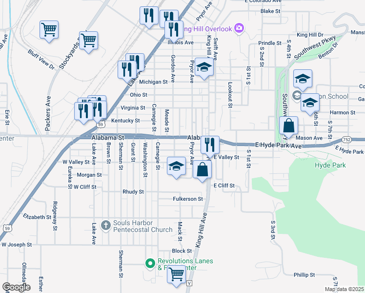 map of restaurants, bars, coffee shops, grocery stores, and more near 216 West Hyde Park Avenue in Saint Joseph
