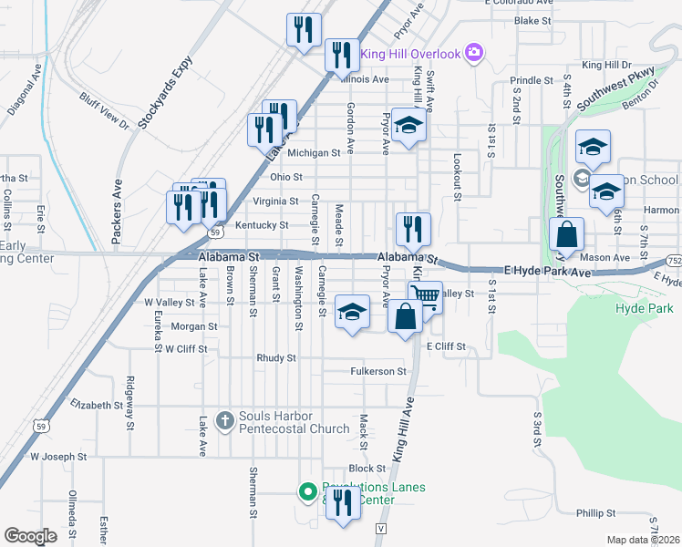 map of restaurants, bars, coffee shops, grocery stores, and more near 308 West Hyde Park Avenue in Saint Joseph