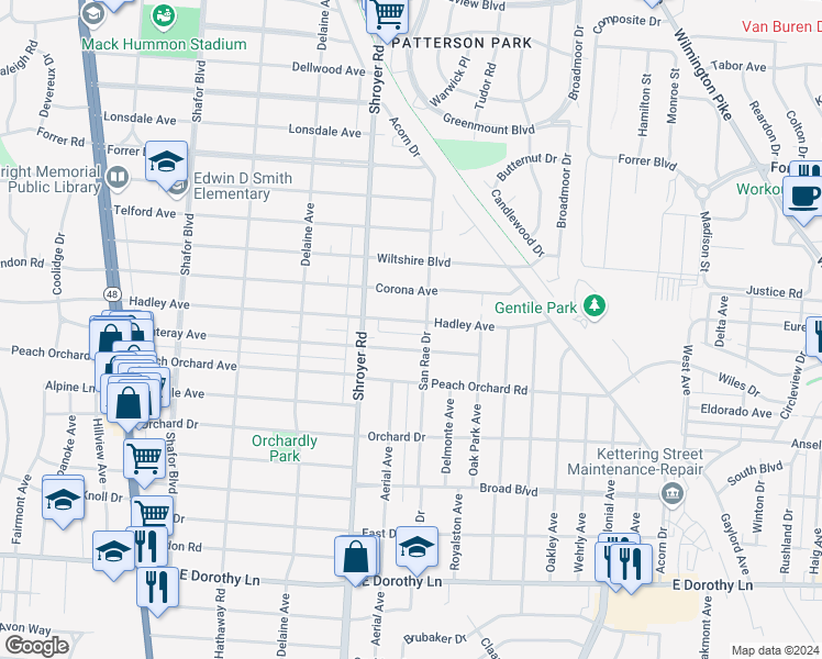 map of restaurants, bars, coffee shops, grocery stores, and more near 554 Hadley Avenue in Dayton