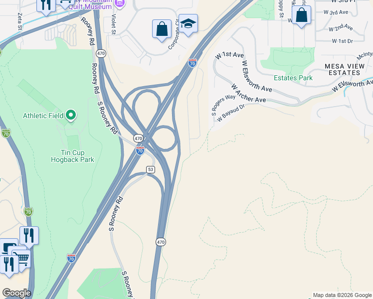 map of restaurants, bars, coffee shops, grocery stores, and more near 197 South Rogers Way in Golden