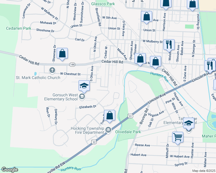 map of restaurants, bars, coffee shops, grocery stores, and more near Cedar Avenue in Lancaster