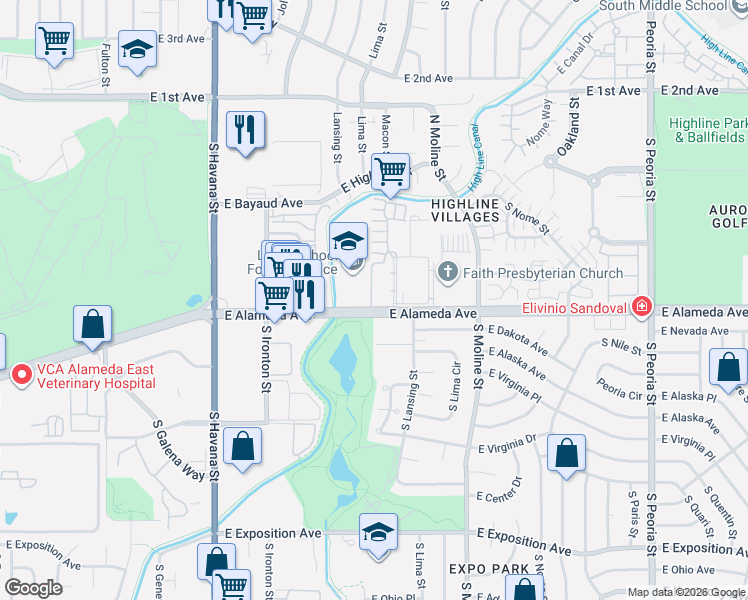 map of restaurants, bars, coffee shops, grocery stores, and more near 11105 East Alameda Avenue in Aurora