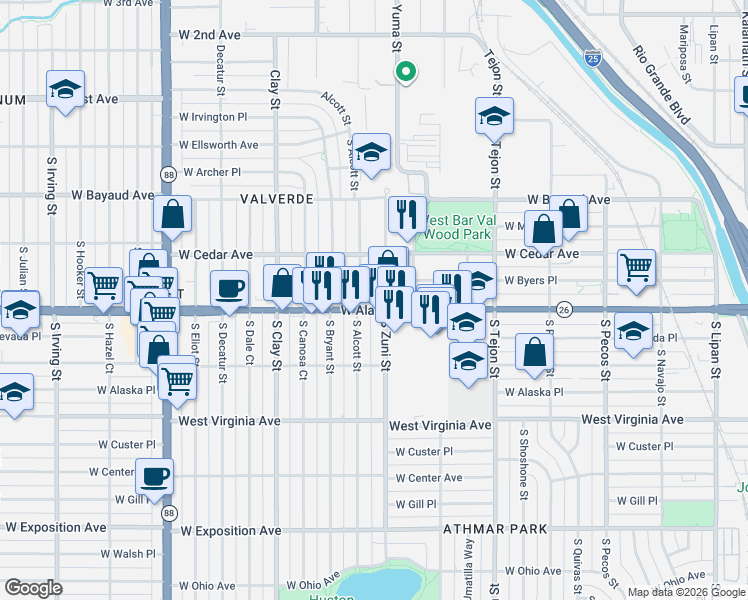 map of restaurants, bars, coffee shops, grocery stores, and more near in Denver