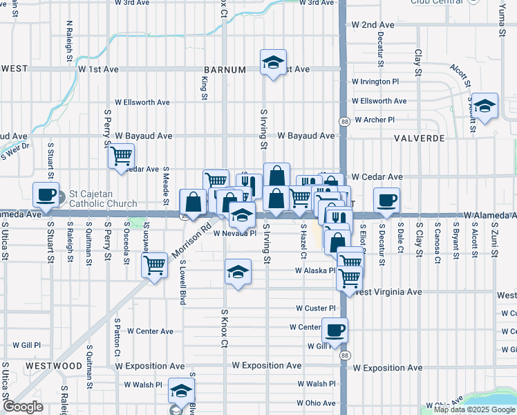 map of restaurants, bars, coffee shops, grocery stores, and more near 3360 West Alameda Avenue in Denver
