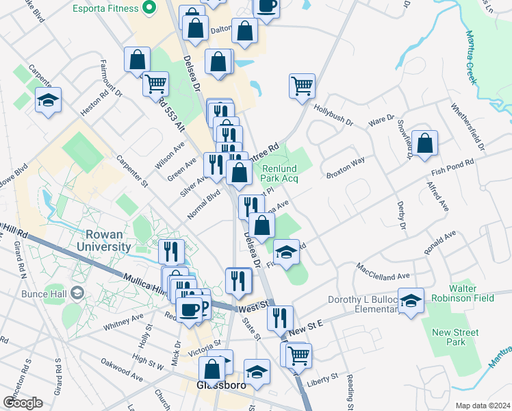 map of restaurants, bars, coffee shops, grocery stores, and more near 104 Market Place in Glassboro