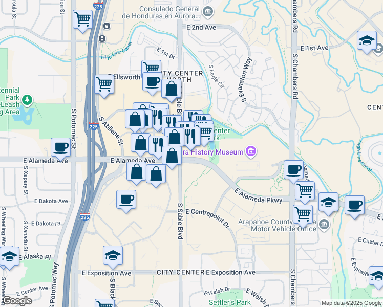 map of restaurants, bars, coffee shops, grocery stores, and more near 14535 East Alameda Avenue in Aurora