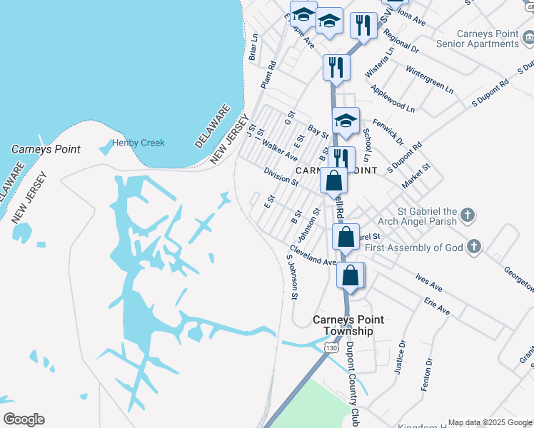 map of restaurants, bars, coffee shops, grocery stores, and more near 289 E Street in Carneys Point Township