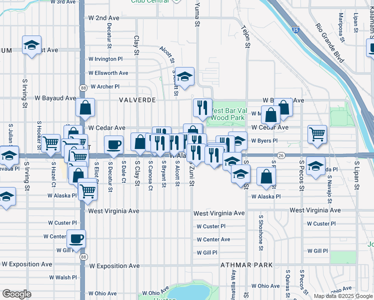 map of restaurants, bars, coffee shops, grocery stores, and more near in Denver