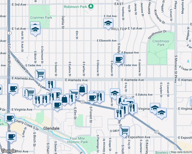 map of restaurants, bars, coffee shops, grocery stores, and more near 300 South Forest Street in Denver
