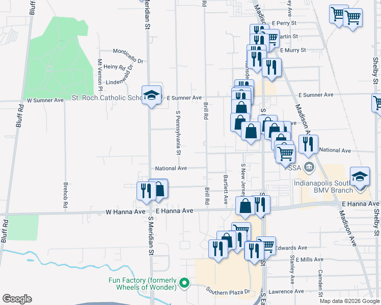 map of restaurants, bars, coffee shops, grocery stores, and more near 114 National Avenue in Indianapolis