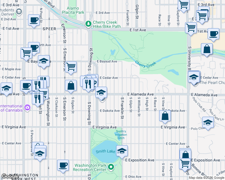 map of restaurants, bars, coffee shops, grocery stores, and more near 303 South Humboldt Street in Denver