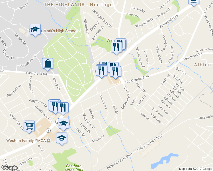map of restaurants, bars, coffee shops, grocery stores, and more near 5819 Old Capitol Trail in Wilmington