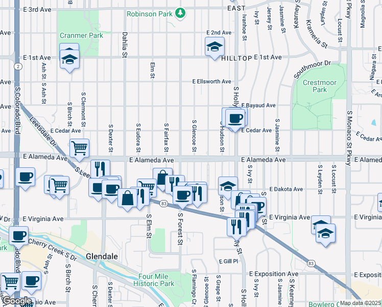 map of restaurants, bars, coffee shops, grocery stores, and more near 300 South Forest Street in Denver