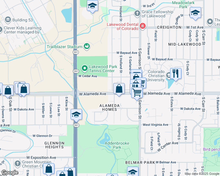 map of restaurants, bars, coffee shops, grocery stores, and more near 9543 West Alameda Avenue in Lakewood
