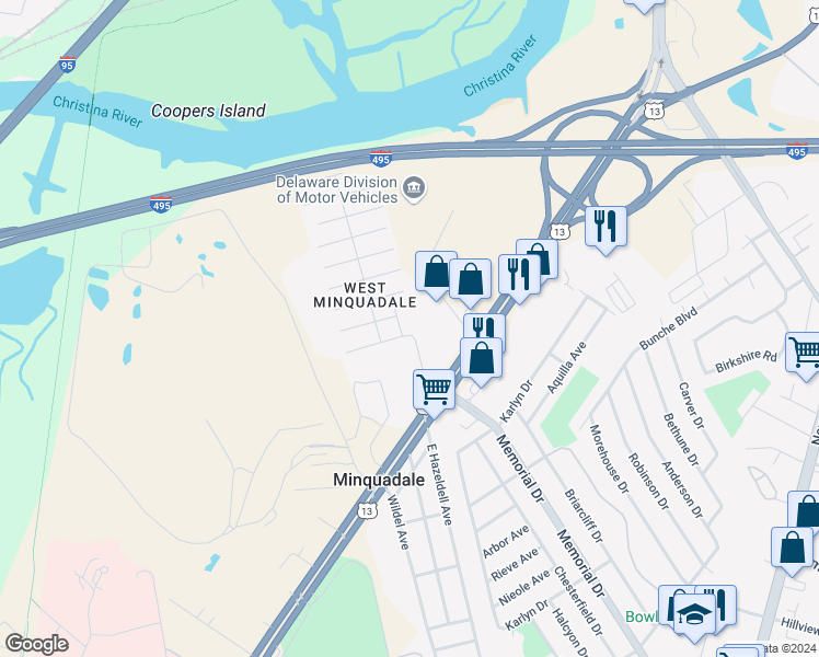 map of restaurants, bars, coffee shops, grocery stores, and more near 22 West Hazeldell Avenue in New Castle