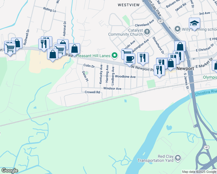 map of restaurants, bars, coffee shops, grocery stores, and more near 205 Harding Avenue in Wilmington