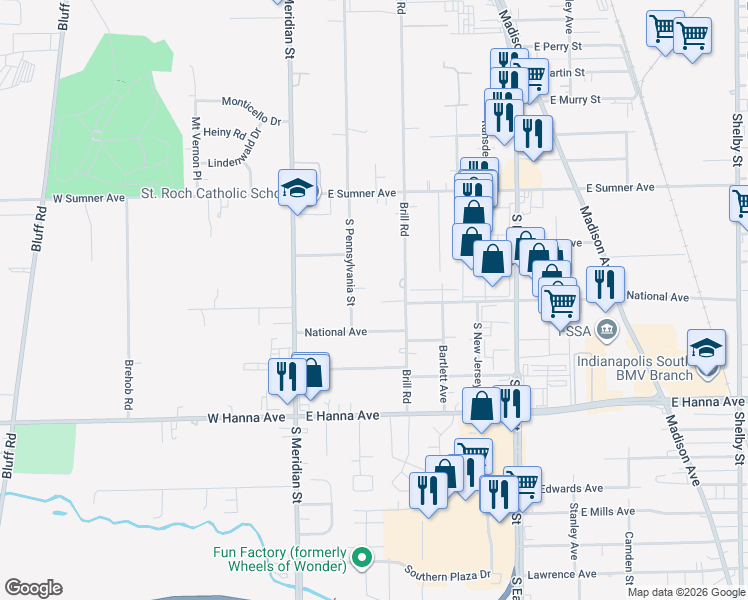 map of restaurants, bars, coffee shops, grocery stores, and more near 114 National Avenue in Indianapolis