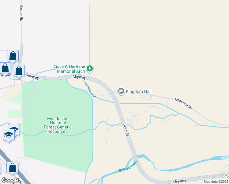 map of restaurants, bars, coffee shops, grocery stores, and more near 2 Honey Run Road in Chico