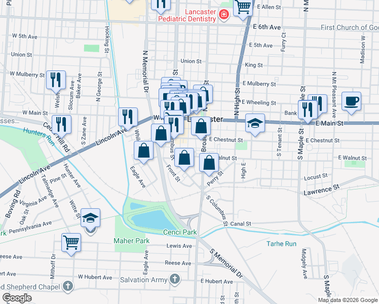map of restaurants, bars, coffee shops, grocery stores, and more near 332 South Columbus Street in Lancaster