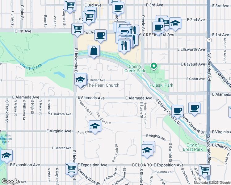 map of restaurants, bars, coffee shops, grocery stores, and more near 2891 East Alameda Avenue in Denver