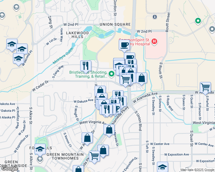 map of restaurants, bars, coffee shops, grocery stores, and more near 12340 West Cedar Drive in Lakewood