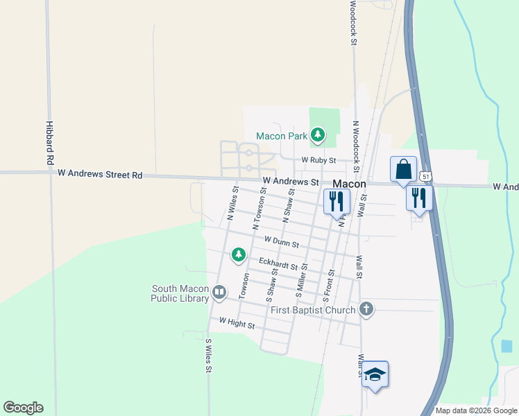 map of restaurants, bars, coffee shops, grocery stores, and more near North Towson Street in Macon