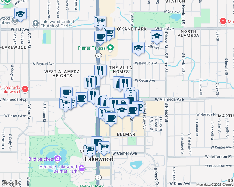 map of restaurants, bars, coffee shops, grocery stores, and more near 7350 West Alameda Avenue in Lakewood