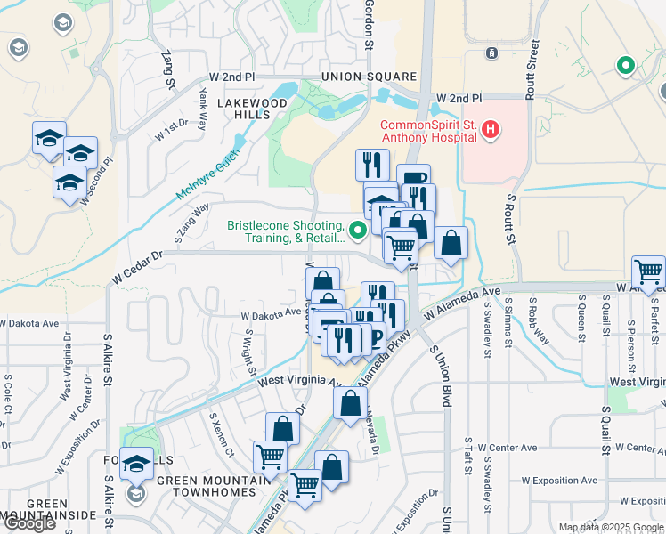 map of restaurants, bars, coffee shops, grocery stores, and more near 12340 West Cedar Drive in Lakewood