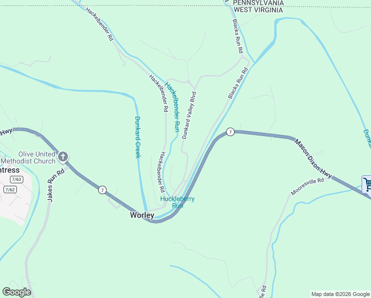 map of restaurants, bars, coffee shops, grocery stores, and more near 93 Dunkard Valley Boulevard in Core