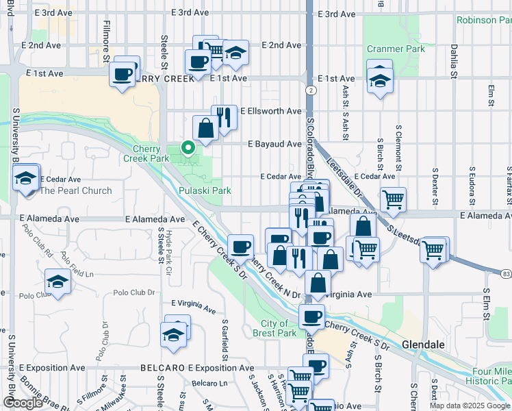 map of restaurants, bars, coffee shops, grocery stores, and more near 275 South Garfield Street in Denver