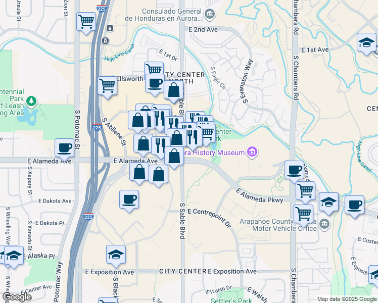 map of restaurants, bars, coffee shops, grocery stores, and more near 14535 East Alameda Avenue in Aurora