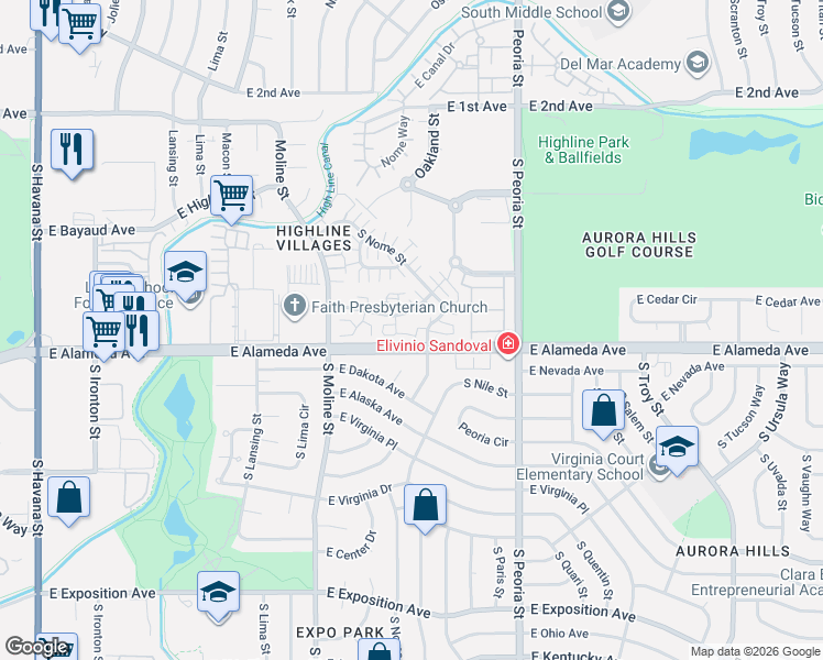 map of restaurants, bars, coffee shops, grocery stores, and more near 11649 East Dakota Avenue in Aurora