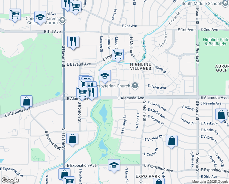 map of restaurants, bars, coffee shops, grocery stores, and more near 11103 East Alameda Avenue in Aurora