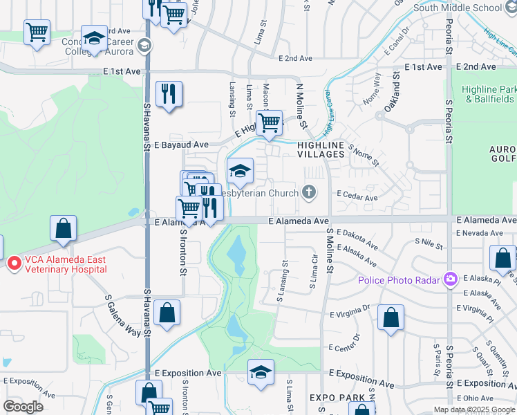 map of restaurants, bars, coffee shops, grocery stores, and more near 11103 East Alameda Avenue in Aurora