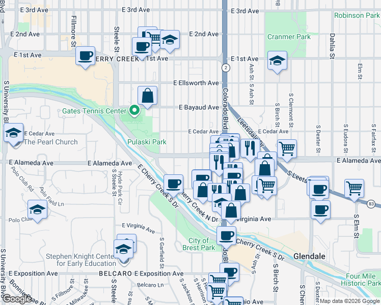 map of restaurants, bars, coffee shops, grocery stores, and more near 335 South Jackson Street in Denver